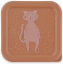 Deksel van een bruine snackbox met een staande kattenafbeelding en witte spikkels.
