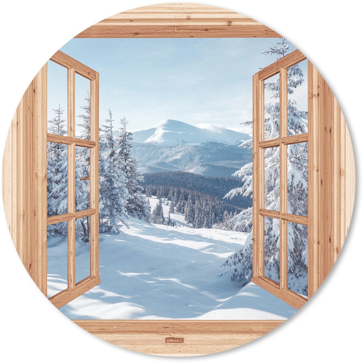 Muismat rond 30x30 cm - Mousepad Doorkijk - Winterlandschap - Natuur - Berg - Bomen - Hout - Ronde muismatten
