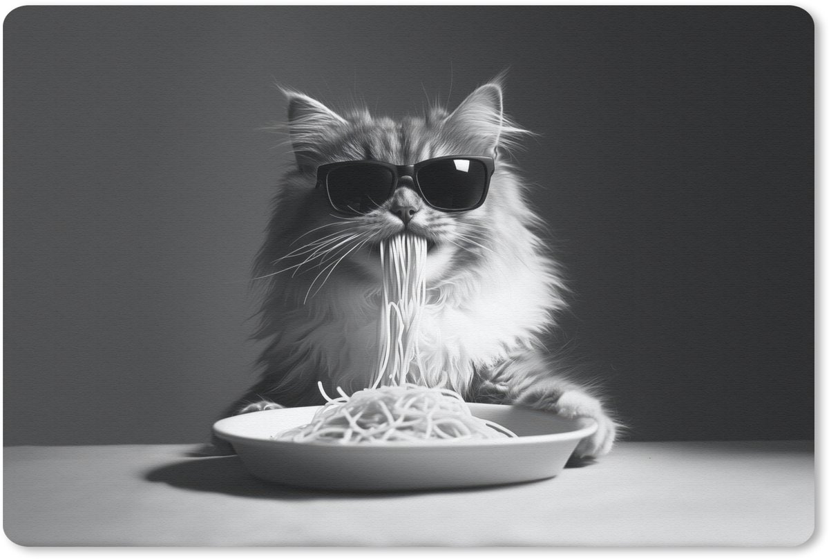 Muismat 27x18 cm - Mousepad Langharige kat - Zonnebril - Spaghetti - Humor - Zwart - wit - Muismatten