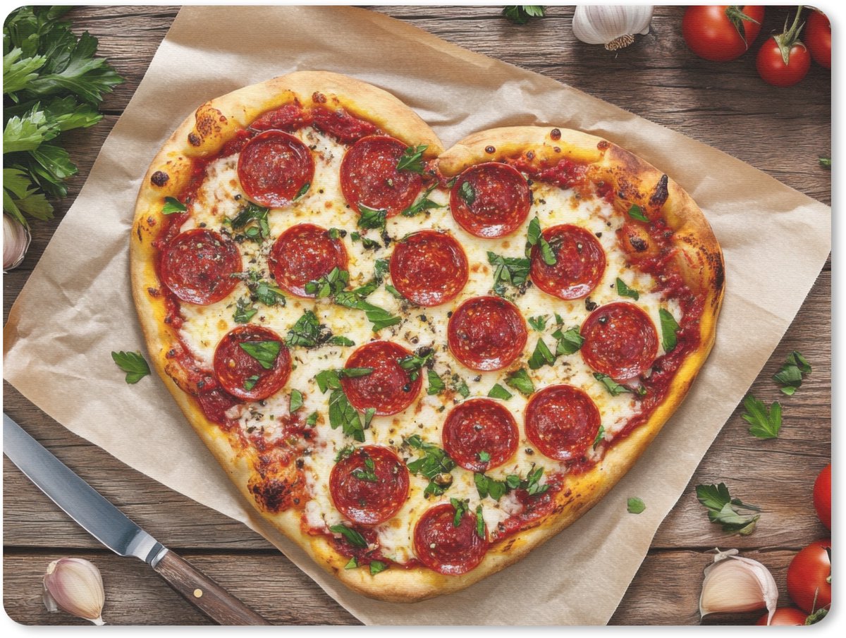 Muismat 23x19 cm - Mousepad Pizza - Hart - Pepperoni - Tomaat - Muismatten