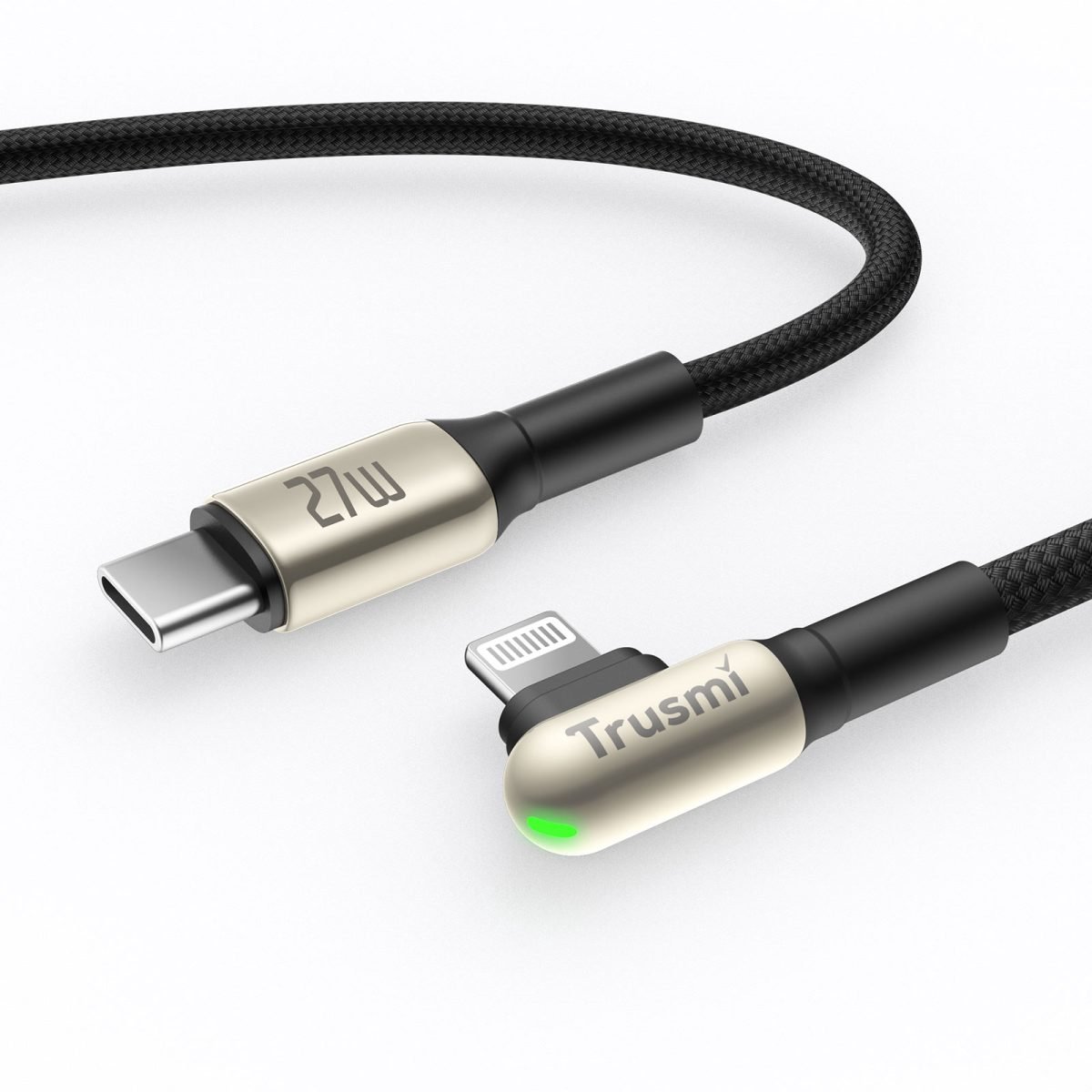 Trusmi CA48-11- USB-C naar lightning met Haakse Verbindingshoek en Gevlochten Zinklegering Kabel - 1 meter- 27W supersnel opladen - Transmissie snelheid 480 Mbps- LED indicator