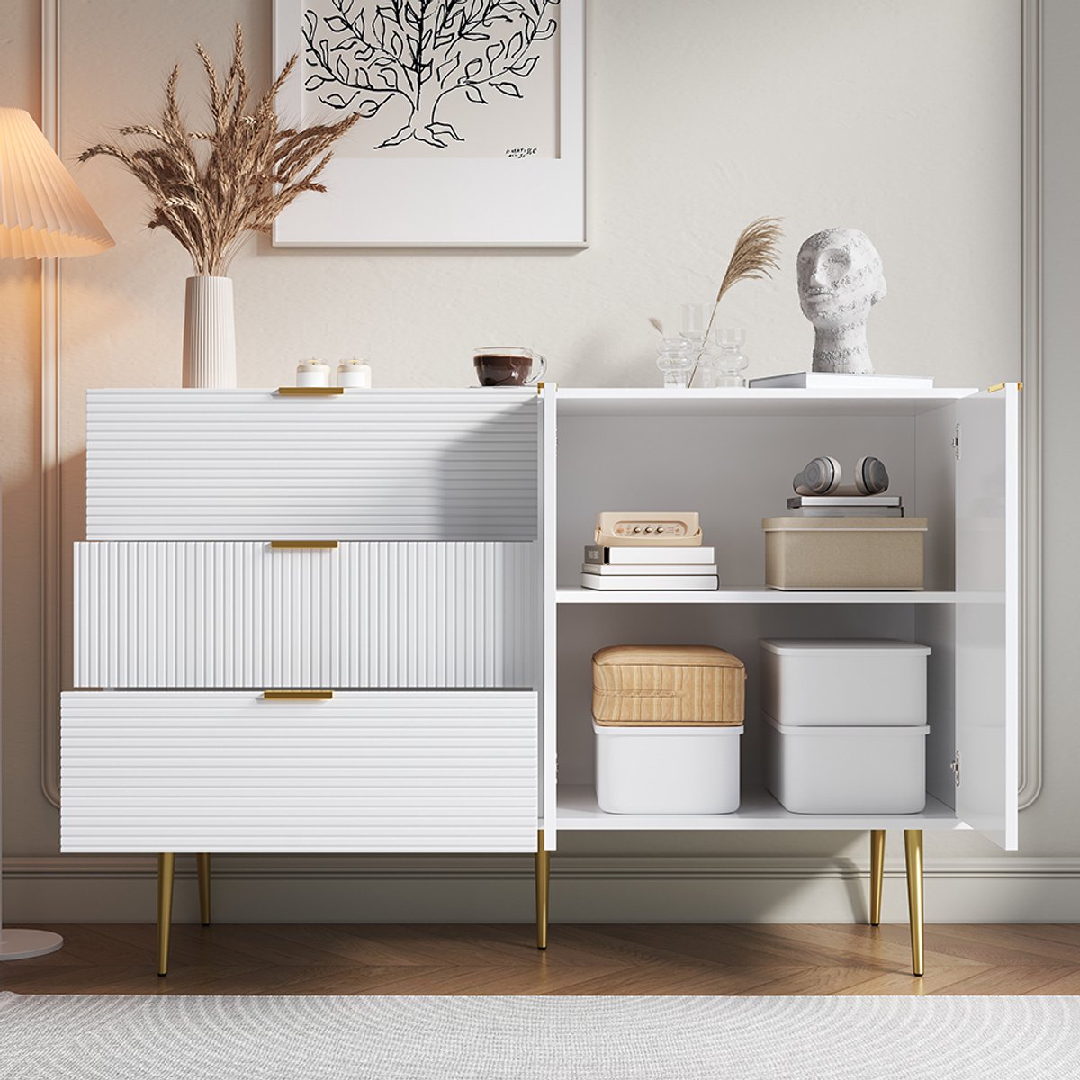 KOMHTOM Woonkamer buffet met deuren en lades binnenplanken commode met gouden handgrepen en poten modern wit Wit+Goud