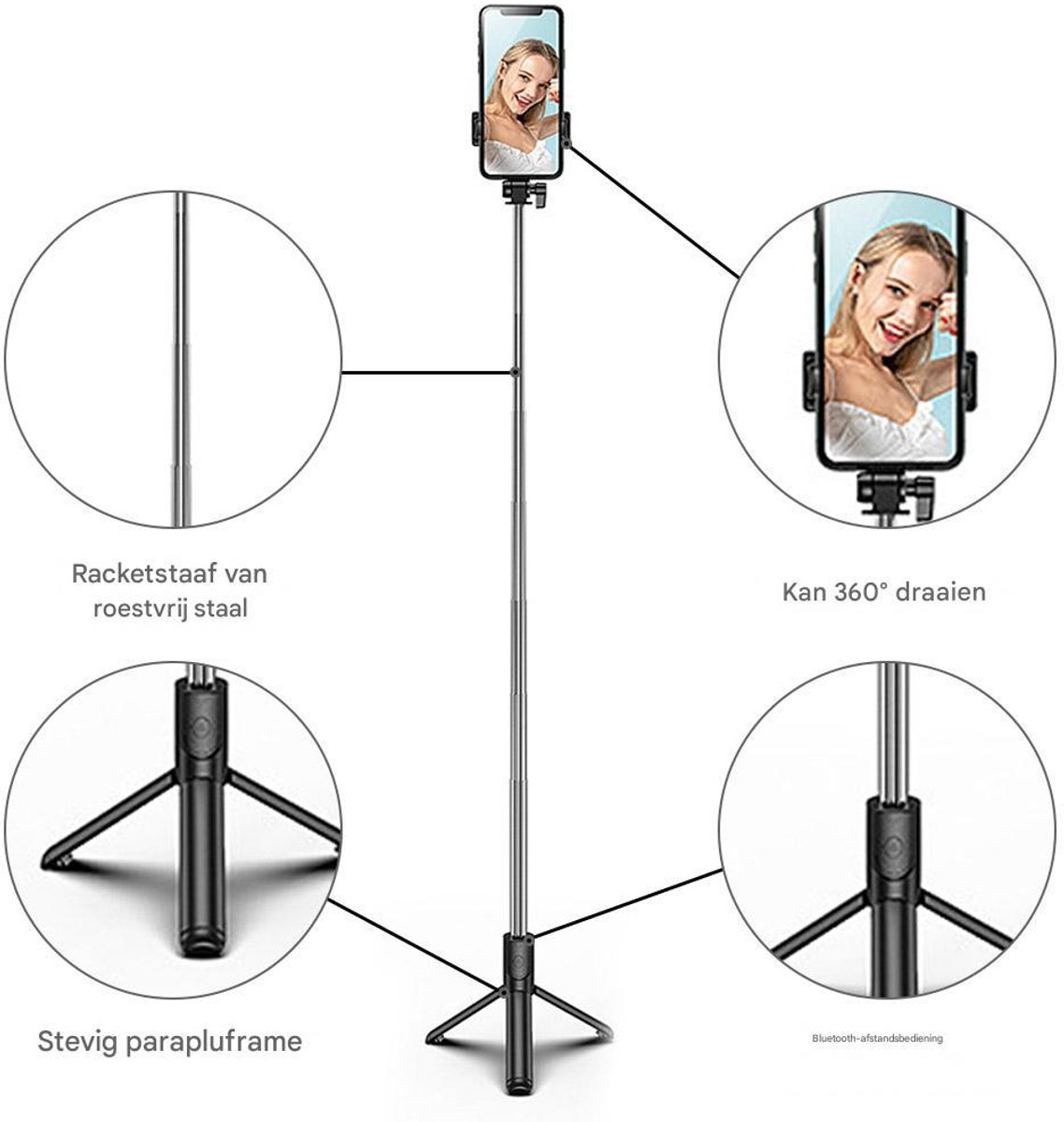 TNSLAND Bluetooth Selfiestick Met Statief – 100 Cm Uitschuifbaar, 360° Draaibaar, Voor Alle Smartphones