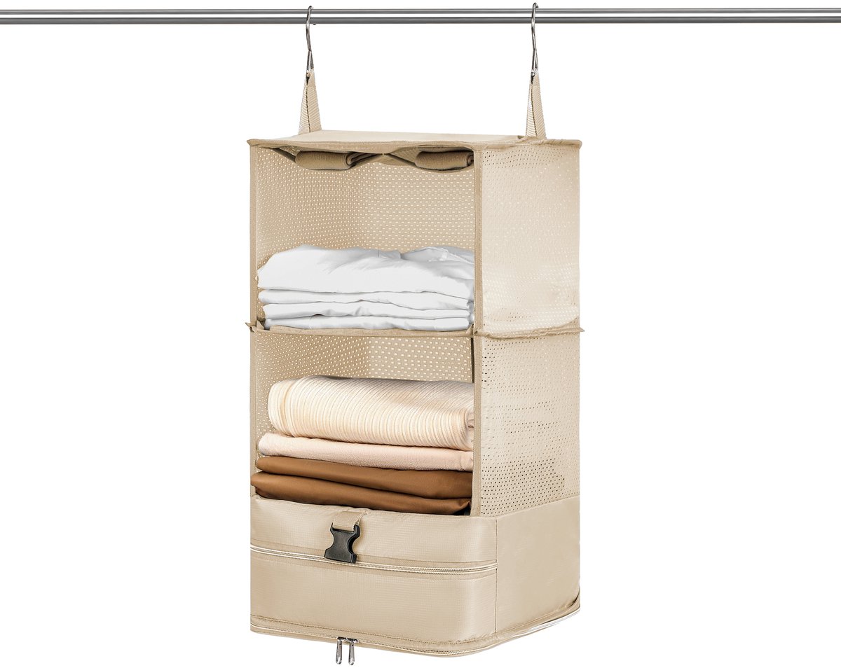 Skycases Compression Packing Cube – Opvouwbare Reisorganizer met Ophangbare Rekken – Uitbreidbaar – Compressie Cubes - Geschikt voor Bagage, Koffer & Backpack – Beige