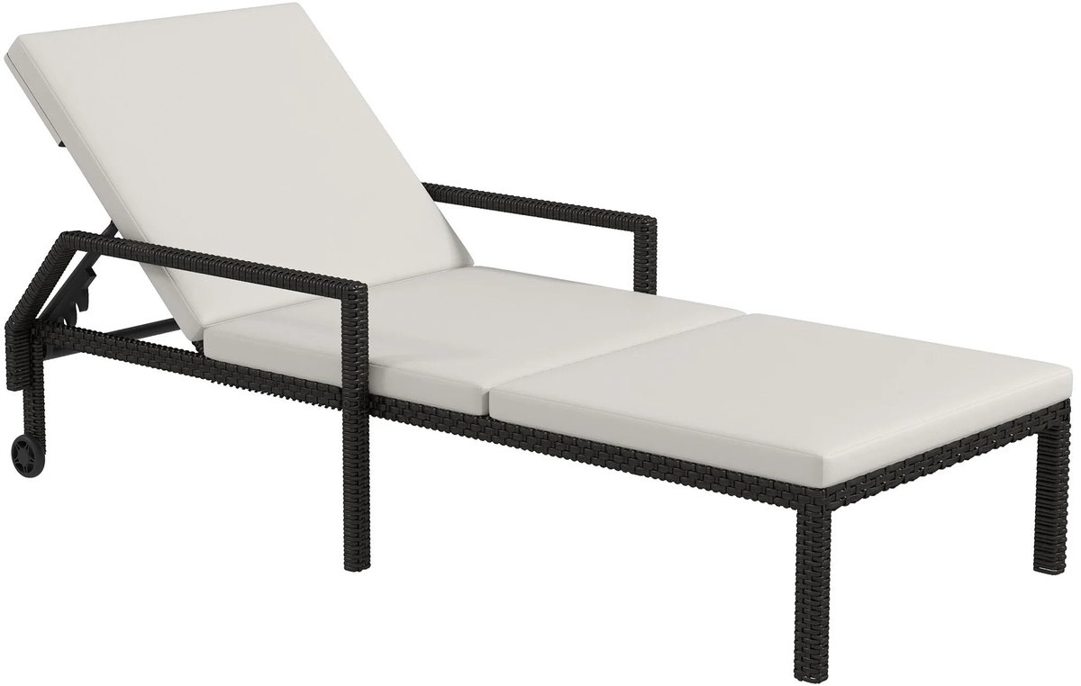 Rattan Lounger met Verstelbare Rugleuning - Handgeweven PE Rattan en Metalen Frame - Met Wielen - 5 Posities - 73x200x48 cm - Crème en Zwart