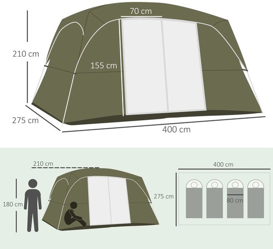 Gezinstent met 2 Slaapkamers - 400x275x210 cm Groene Tent - Waterdicht - UV-bestendig - Flexibele Glasvezel Stokken - 4-8 Personen — afbeelding 5