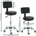 Afmetingen van twee zwarte werkstoelen. De linkse is 87-107 cm hoog en 52 cm breed. De rechtse is 50-70 cm hoog en 36 cm breed.