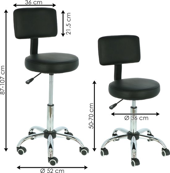 Afmetingen van twee zwarte werkstoelen. De linkse is 87-107 cm hoog en 52 cm breed. De rechtse is 50-70 cm hoog en 36 cm breed.