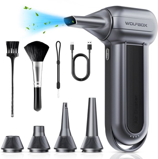 Wolfbox Air Duster avec brosse, petit pinceau, lanière, câble USB-C et 4 embouts, souffle de l'air.