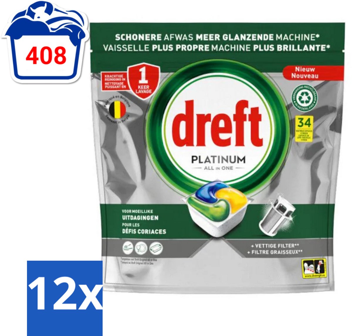 12 x Dreft Platinum - All In One - Vaatwascapsules - Citroen - 34 Afwasbeurten - Vaatwascapsules - Vaatwasser - Citroen - Reiniging - Hardnekkige Vlekken
