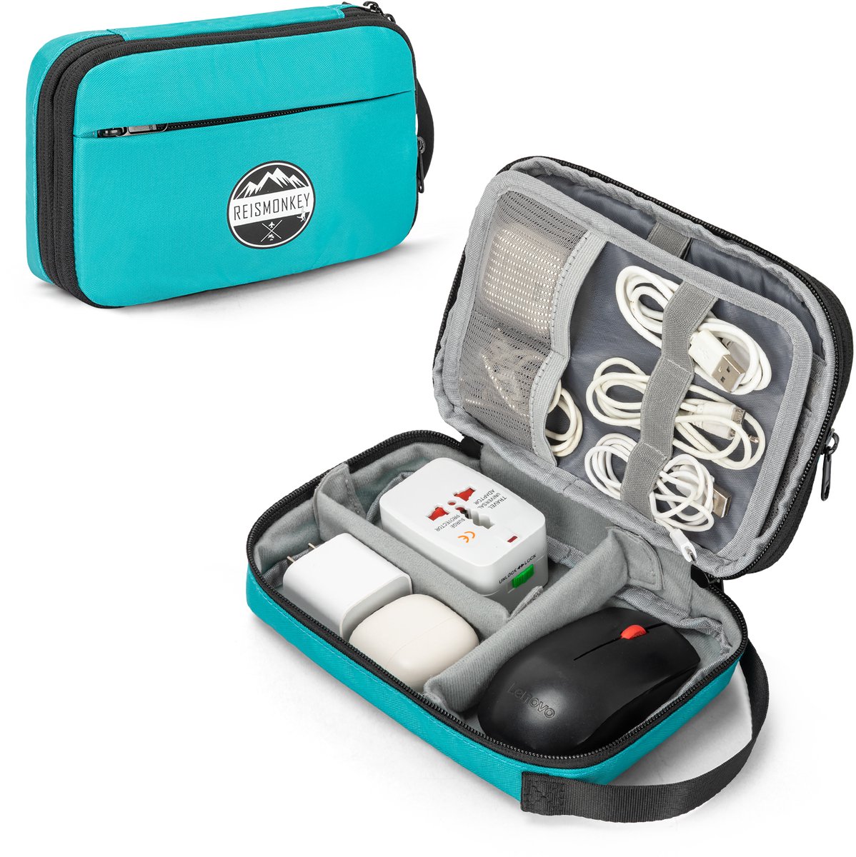 Kabel Organiser tas Compress It - Reismonkey – Turquoise – Water- en schokbestendig etui - kabeltas met compressie