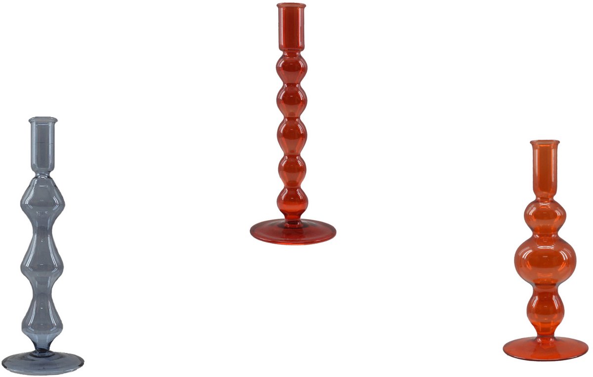 by Mooss - Kandelaar - set van 3 - Grijs - Rood - Oranje - Glas - Kaarsenhouder
