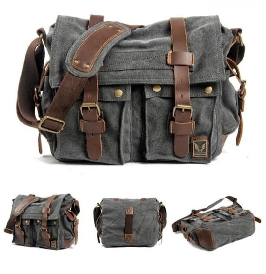 Vue d'ensemble d'un sac bandoulière en toile gris foncé avec des détails en cuir marron et plusieurs petites images.