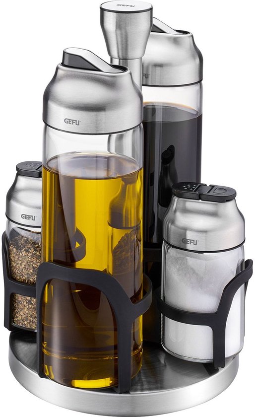 Ensemble d'huile et vinaigre GEFU KIPPO à 5 pièces avec salières. Argenté, avec récipients en verre pour l'huile, le vinaigre, le sel et le poivre.