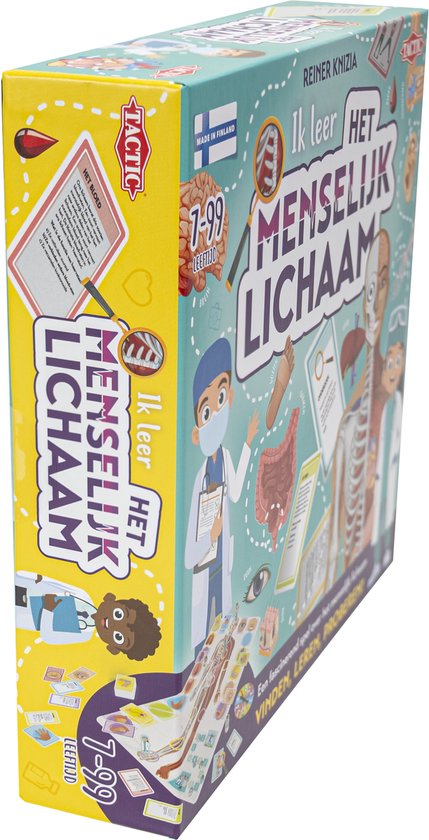 Zijkant van de speldoos 'Ik leer het menselijk lichaam' met illustraties en titel.