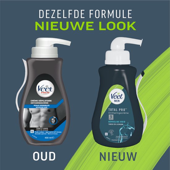 Vergelijking oude en nieuwe Veet Men ontharingscrème fles. "Dezelfde formule, nieuwe look".