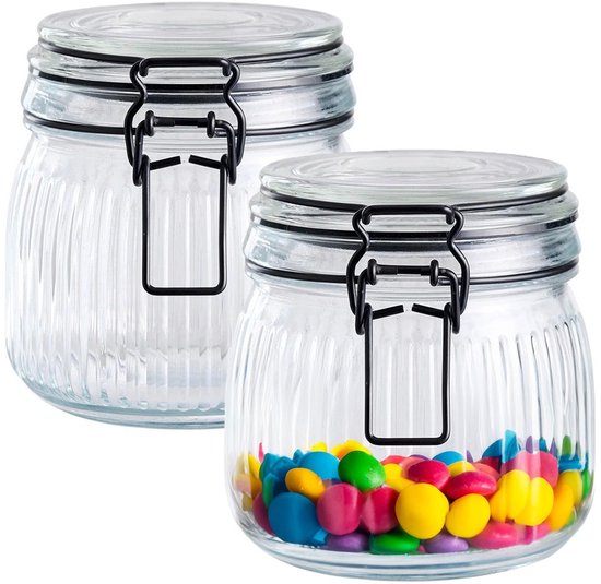 Alpina Voorraad/weck pot - 2x - transparant - geribbeld glas - 15 x 12 cm - 1 L