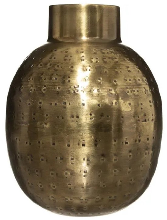 Gouden metalen vaas met een ronde vorm en ingedeukte, vierkante patronen.
