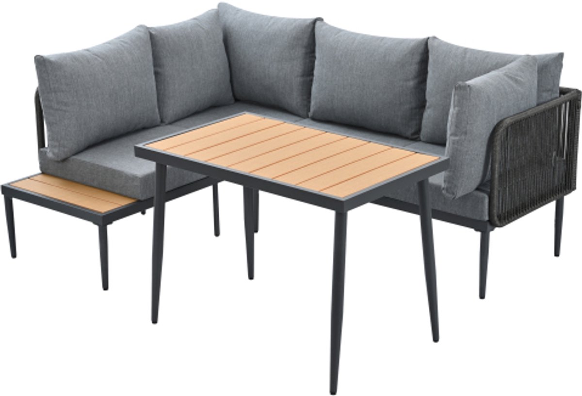 Gotagee Tuinset, tuinmeubelset, hoekbank + eettafel, hoek, gegalvaniseerde stalen buis, tafelblad kunststof hout, grijs