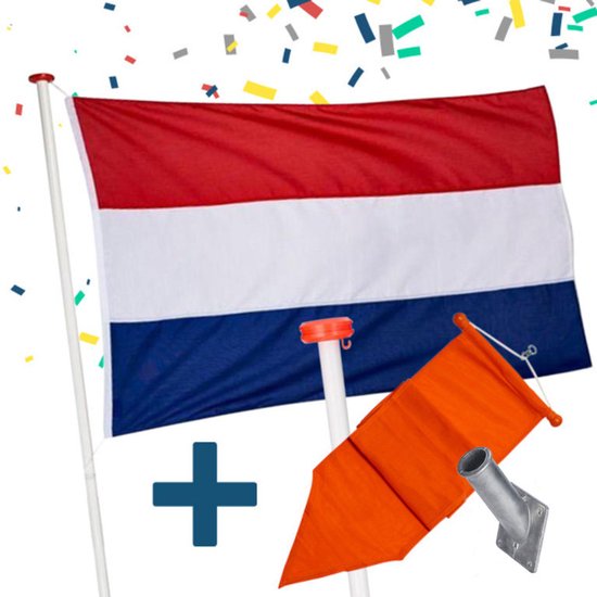 Nederlandse vlag met vlaggenstok voor aan huis - Vlaggenstokhouder - Nederlandse Vlag - Oranje Wimpel - Complete Vlaggenset - Koningsdag