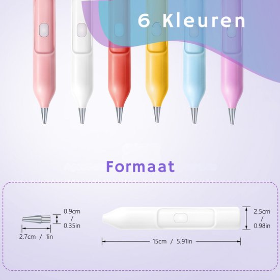 Six stylos électriques pour peinture diamant de différentes couleurs, avec les dimensions du stylo et de l'embout.