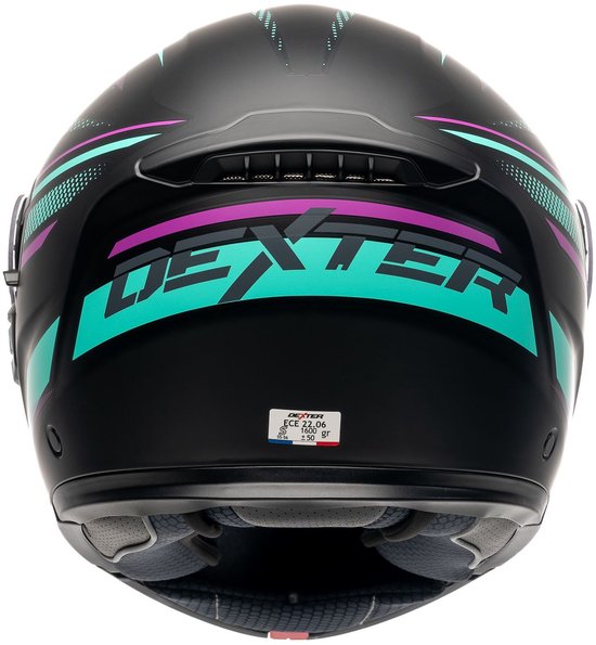 Achterkant van een zwarte systeemhelm met roze en turkooizen DEXTER logo en lijnen.