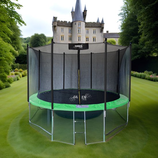 TRAMPOLINE 12FT (Ø 374 cm) met Ladder & Veiligheidsnet | 64 Veren | 180 cm Binnennet | 4 U-Poten | UV-bestendig | Inclusief Veiligheidsrand | 2
