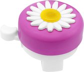 Donkerroze fietsbel met witte bloemendecoratie en gele bloemhart, met witte hendel.