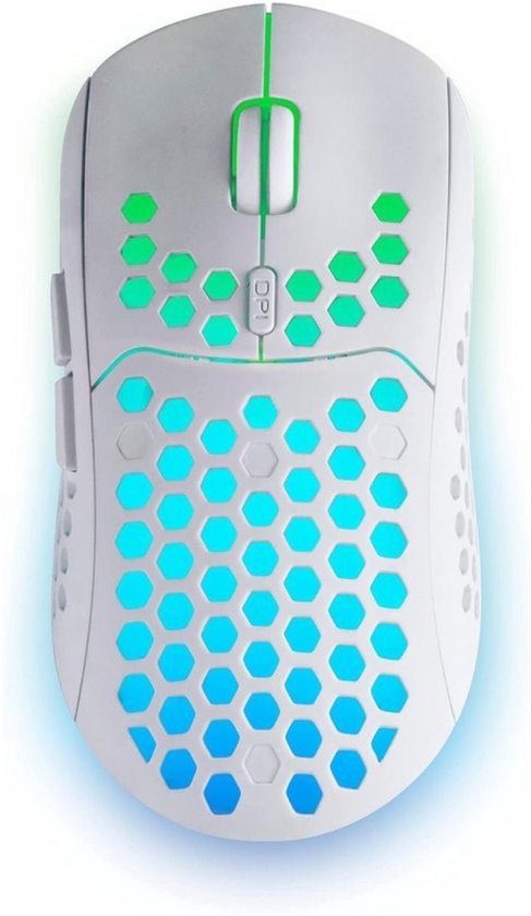 StayPowered Draadloze USB Gaming Mouse - Ultralicht en Supersnel - 3200 DPI Optische Sensor - RGB Flow Verlichting - Mechanische Switches - Oplaadbare Batterij - 2,4 GHz Draadloos - Geen Batterijen Nodig - Wit - Levering Sneller dan Aangegeven!