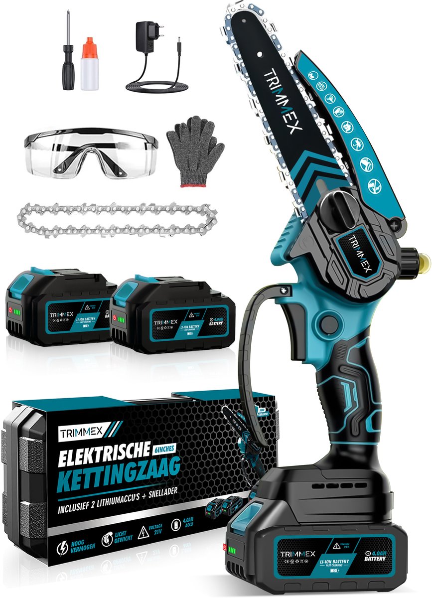 Bol.com Trimmex® Mini kettingzaag Inclusief 2 Led-Accu's - 2X 4000mAh - Elektrisch Handkettingzaag - Snoeizaag - Takkenzaag - Ha... aanbieding