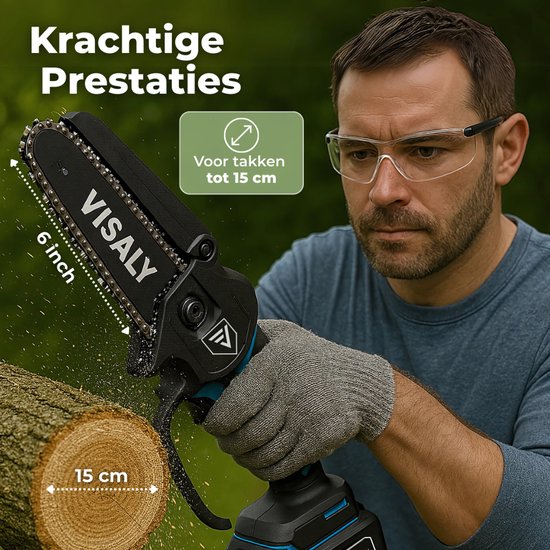 Visaly Mini Kettingzaag - Accu Snoeizaag - Elektrische Handkettingzaag - Takkenzaag - Automatische Kettingsmering - Brushless - Incl. Opbergkoffer, 2 Accu's en Kettingolie van Merkloos	 — afbeelding 5
