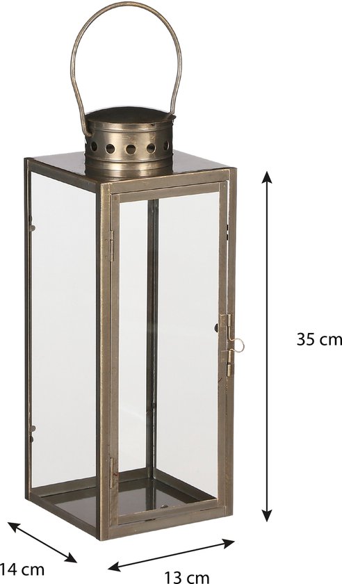 Bronzen lantaarn, 35 cm hoog, met glazen panelen en gedetailleerd handvat. Afmetingen: 14 x 13 x 35 cm.