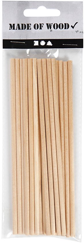 Verpakking met twintig houten stokjes, label vermeldt 'MADE OF WOOD'.