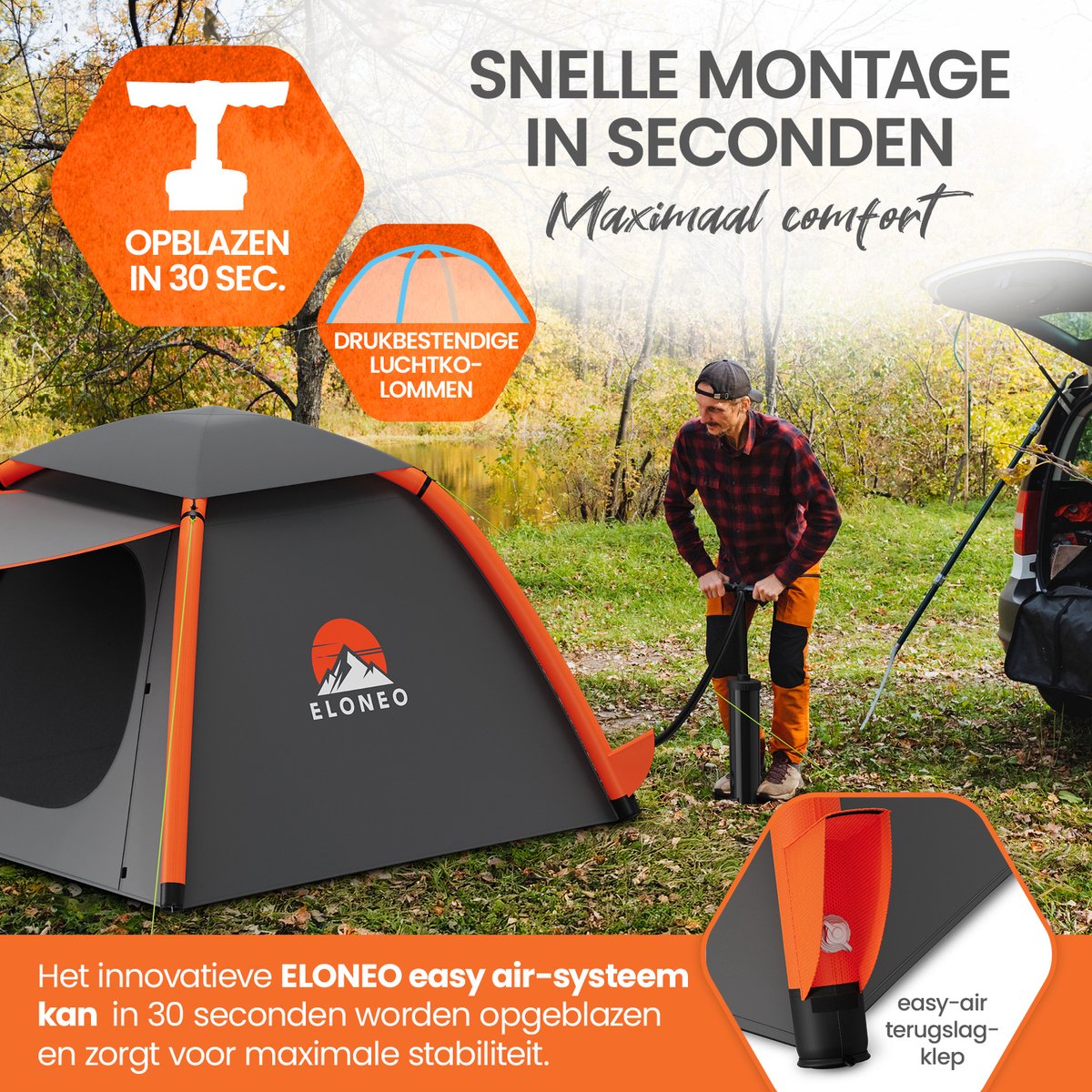 ELONEO Opblaasbare Camping Tent voor 1–3 Personen met Luifel, 210x210x140 cm – foto 2