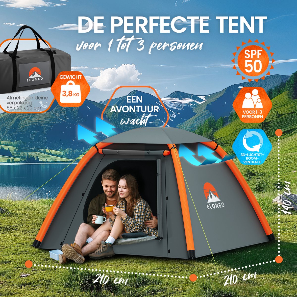 ELONEO Opblaasbare Camping Tent voor 1–3 Personen met Luifel, 210x210x140 cm – foto 7