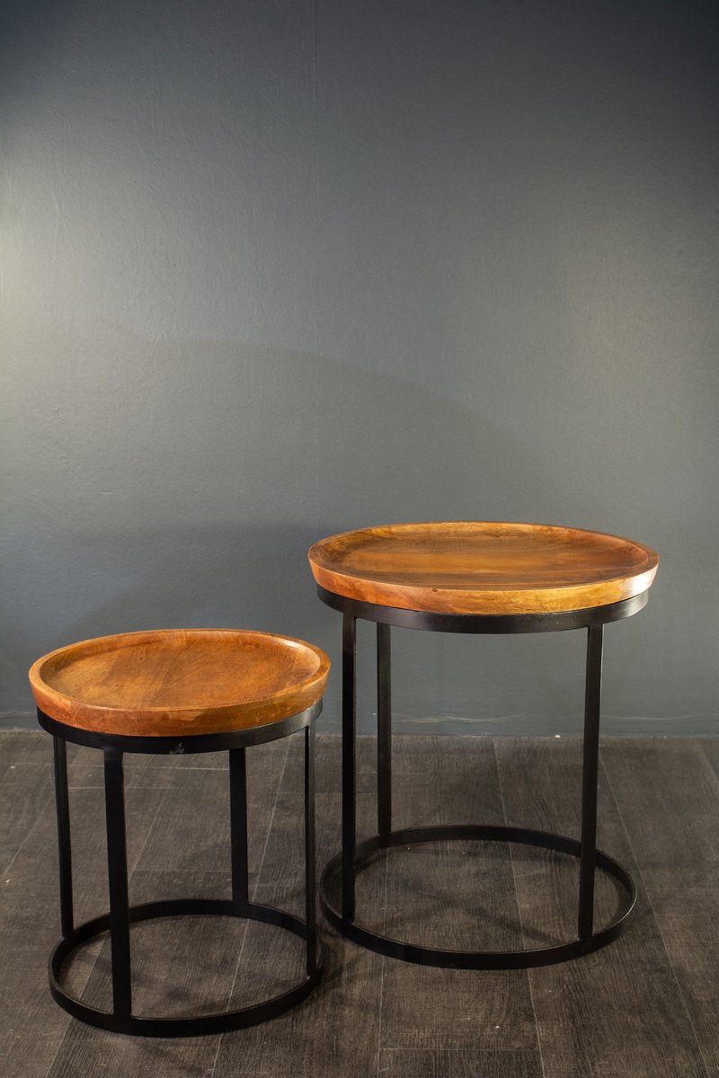 Bijzettafel Set van 2 – Rond Mangohout & Metaal – Tijdloos Industrieel Design