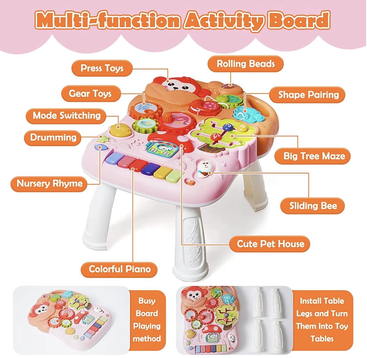 Baby Walker 3-in-1 Sit-to-Stand Learning Walker Kids Activity Center with Weight Gain Design Table Music Phone Steering Wheel Multifunctional Educational Push Toys for Toddlers Boys Girls