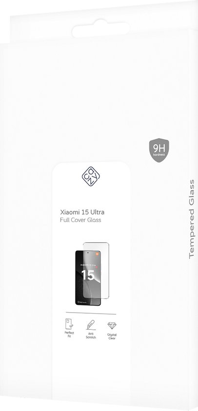 Verpakking van een Cazy glasbeschermer voor Xiaomi 15 Ultra Full Cover. Met pictogrammen voor 'Perfect Fit', 'Anti Scratch' en 'Crystal Clear'.