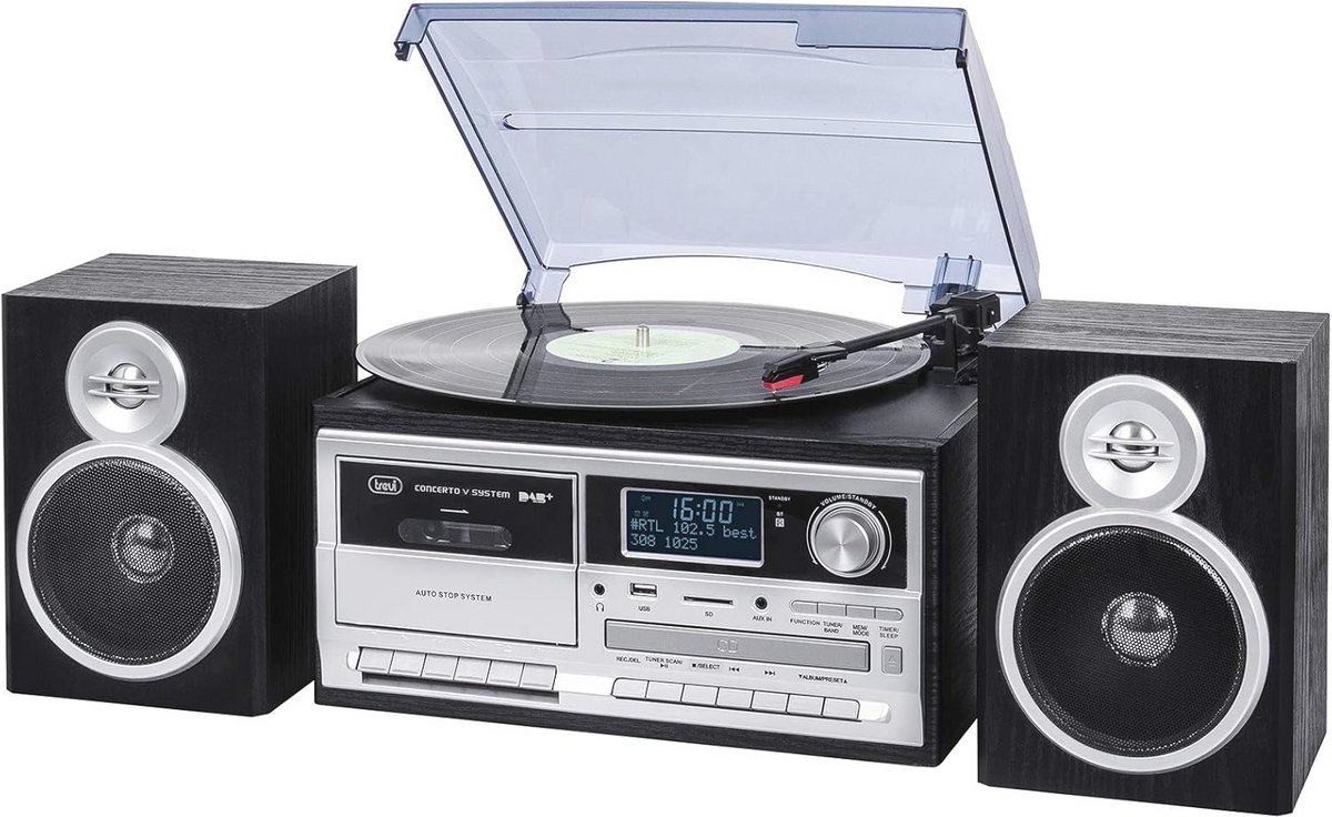 DAB Bluetooth Platenspeler met Digitale Ontvanger, CD, USB, AUX, en Cassettespelers - Zwart