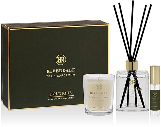 Foto: Cadeaupakket riverdale geurstokjes geurkaars spray boutique small geschenkset tea cardamom
