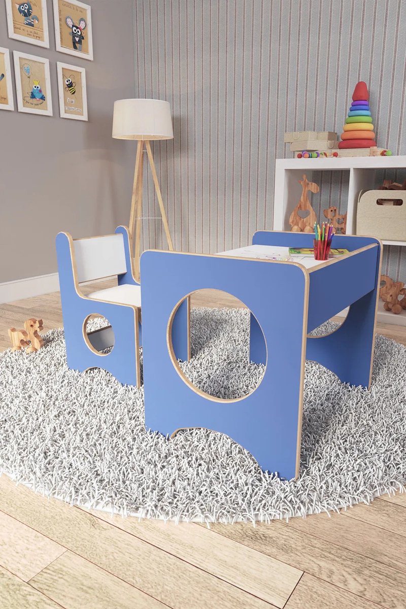 Kindertafel en Stoeltjes - Speeltafel - Kindertafel met Stoeltjes - Kinderbureau - Montessori Kindertafel - Blauw