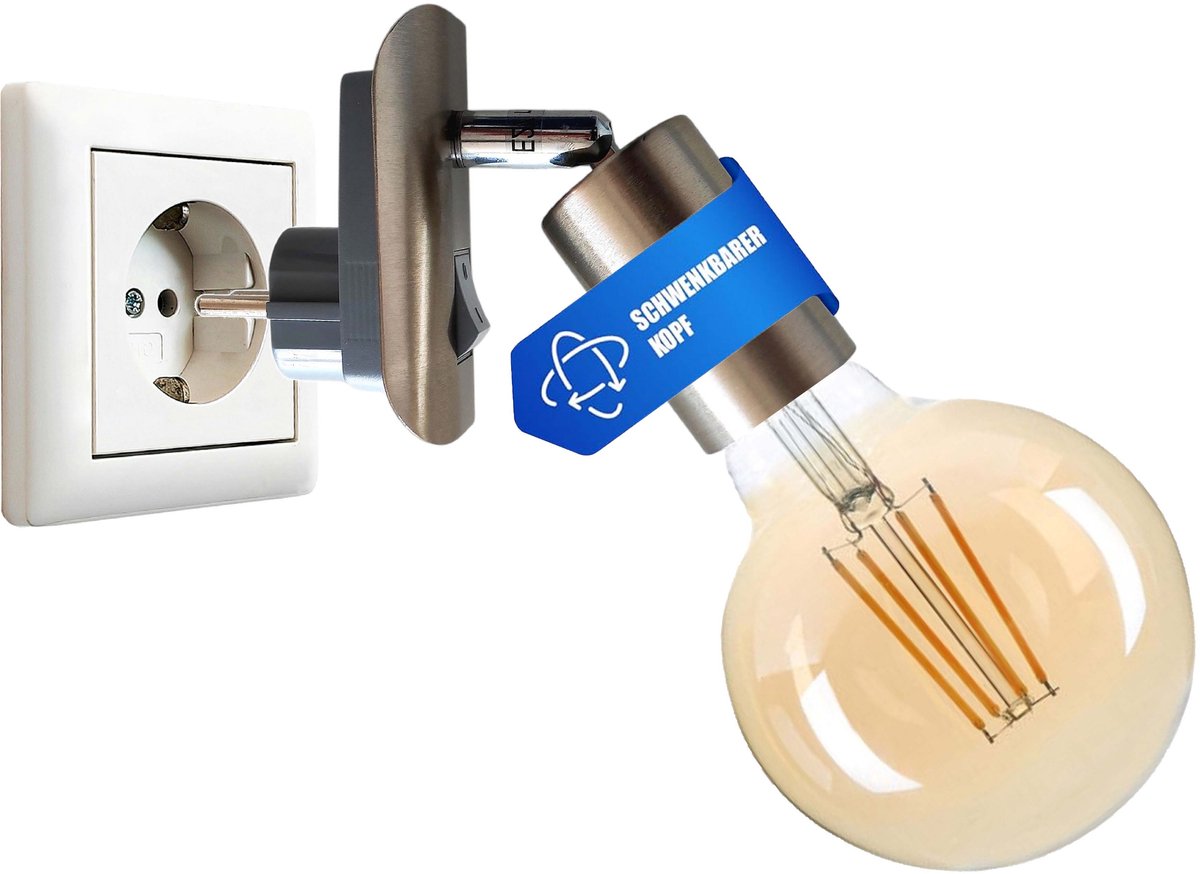 Trango Stekkerlamp 11-060A in mat nikkel incl. 1x 4 watt 2500K goud warmwit E27 LED-lamp *ANNA* fitting, leeslamp, nachtlampje, wandlamp, keukenlamp, steeklamp