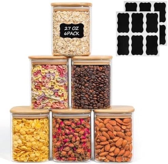 Pebbly - Hoge glazen doos met bamboe deksel - Vierkant - 800 ml - Stapelbaar, voor het bewaren van droge levensmiddelen, granen, amandelen Pebbly - Hoge glazen doos met bamboe deksel - Vierkant - 800 ml - Stapelbaar, voor het bewaren van droge levensmiddelen, granen, amandelen