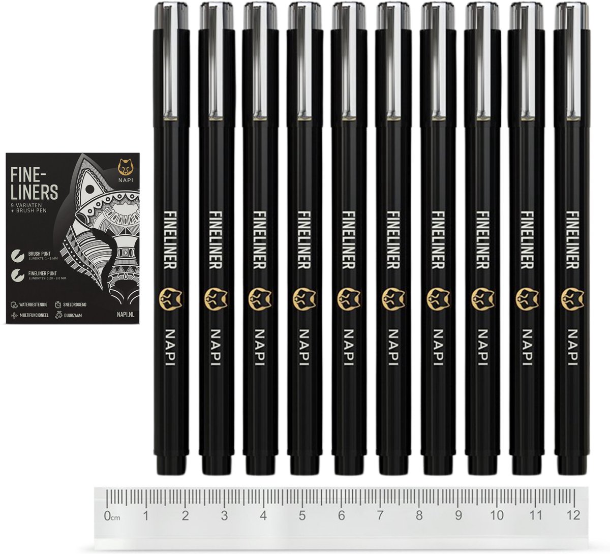 NAPI 10 Fineliners Zwart Incl. Brush Pen & Liniaal - 0,2 tot 3mm - Pennen Zwart - Bullet Journal Accessoires - Tekenpennen Set
