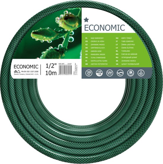 Groene ECONOMIC tuinslang, 10m lang, 1/2 inch, 20 bar. UV-, algen- en vorstbestendig.