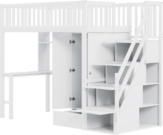 Hoogslaper 90 X 200 Cm Met Trap - Metaal Multiplex MDF Lattenbodem Wit