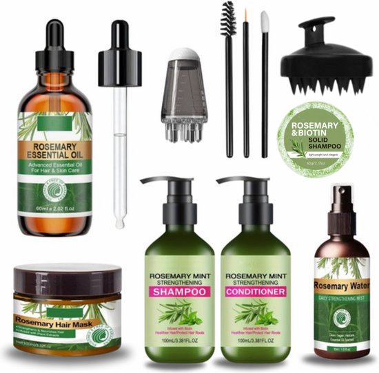 Foto: Rosemary oil pro 10 delig complete set rozemarijn olie shampoo conditioner masker spray applicator scalp massager haargroei anti pluis minoxidil 5 alternatief haaruitval navulflesjes voor wimpers wenkbrauw