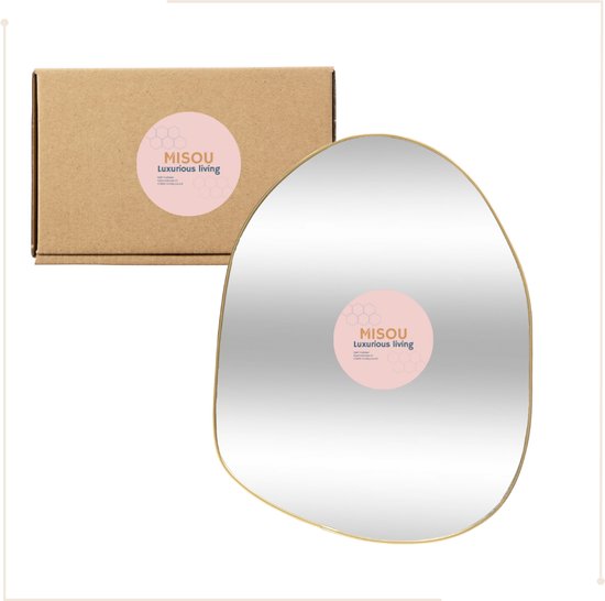 Gouden spiegel in organische vorm met verpakking, logo 'MISOU Luxurious Living'.