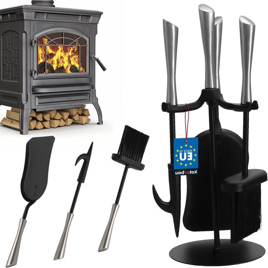 YRHome 4-delige haardbestek, roestvrij staal, haardgarnituur, haardaccessoires met pookhaak, schoorschep, asschep, standaard stalen handgrepen van roestvrij staal, klassiek garnituur, ovenbestek