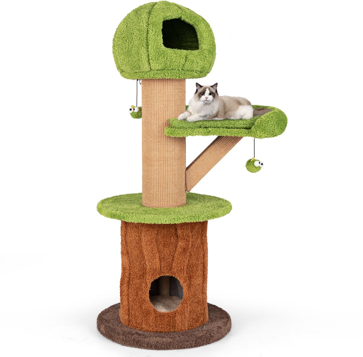 COSTWAY Krabpaal katten, kattenboom met kattenhol en kattenhuis, boomvorm, kattentoren met ligvlak, bal, sisal tapijt, kattenkrabpaal klimboom, bruin + groen, 60 x 60 x 148 cm